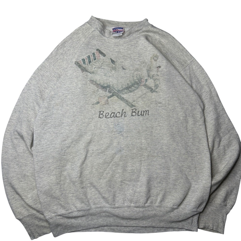 Vintage 90s Thrashed Beach Bum Cat Sweatshirt Gray Heavyweight Graphic Pullover
